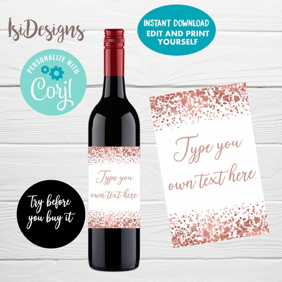 Editable Rose Gold Wine Label, Instant Download, Rose Gold Decoration