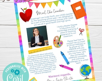 May include: A colorful teacher meet-and-greet flyer with the text "Meet the teacher" and "All text is editable." The flyer includes an apple, notebook, scissors, paint palette, crayons, globe, and a photo of the teacher. The flyer is designed to be personalized.