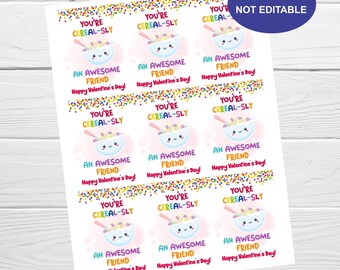 Cereal Valentine's Day Gift Tag, Instant Download, Cereal-sly an awesome friend Tag, Preschool Non-Candy Valentine's Printable Labels