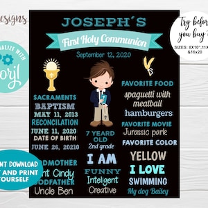 Editable First Communion Chalkboard Poster, Boy Holy Communion sign, Instant Download, Communion Decoration