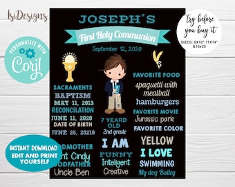 Editable First Communion Chalkboard Poster, Boy Holy Communion sign, Instant Download, Communion Decoration