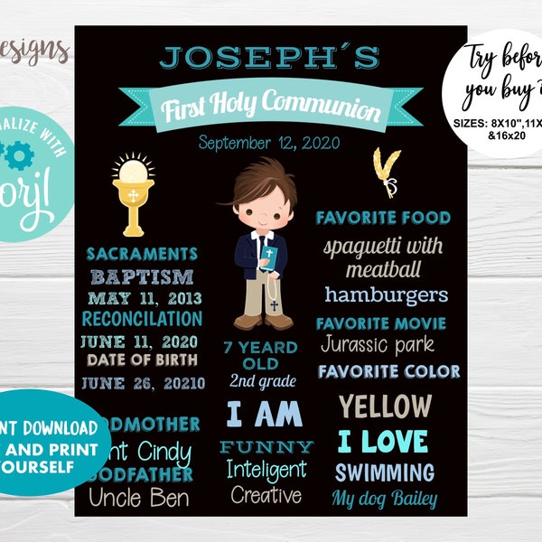 Editable First Communion Chalkboard Poster, Boy Holy Communion sign, Instant Download, Communion Decoration
