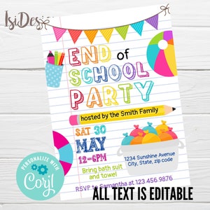 End of School Party Editable Invitation, Schools Out Party Invite, School's Out Instant Download, Summer Swimming End of School Year Invite