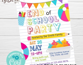 End of School Party Editable Invitation, Schools Out Party Invite, School's Out Instant Download, Summer Swimming End of School Year Invite