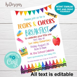 Editable Tears and Cheers Breakfast Invitation, PTO/PTA First day of School Breakfast Flyer, Instant Download, Preschool Flyer Template