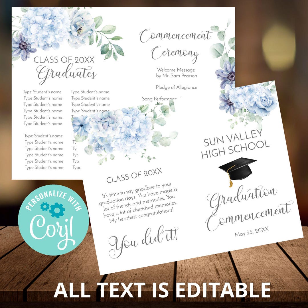 Blue Floral Graduation Program Template, Editable Corjl Commencement ...