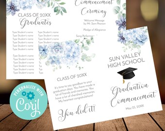 Blue Floral Graduation Program Template, Editable Corjl Commencement Ceremony Program, High School Graduation