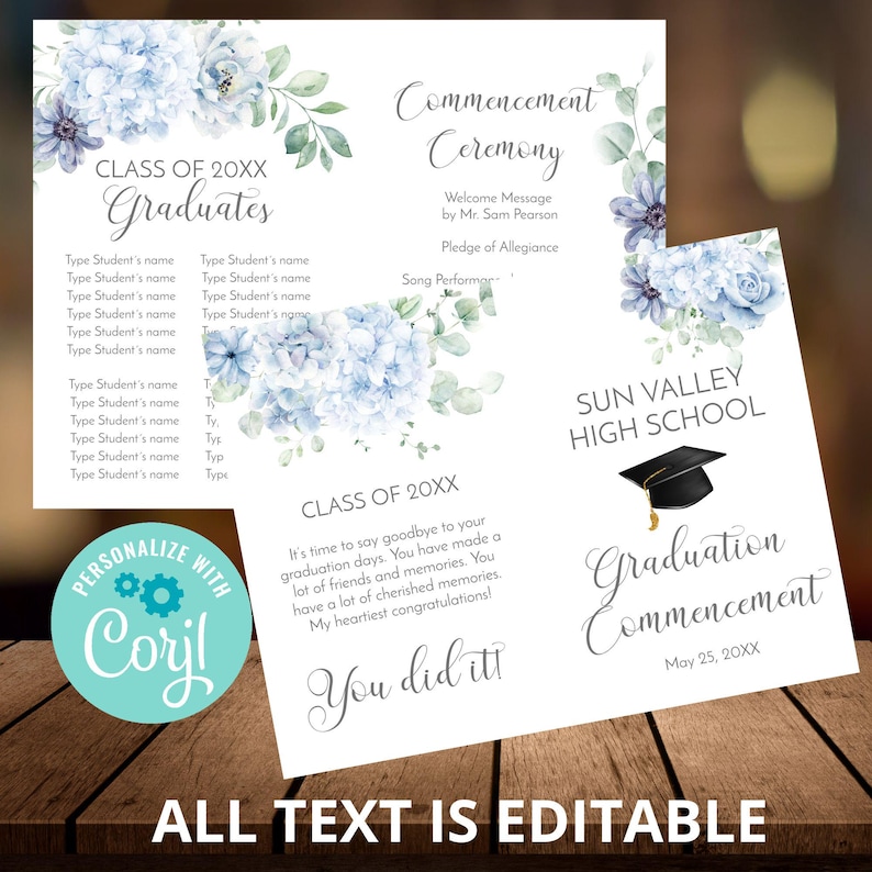 Blue Floral Graduation Program Template, Editable Corjl Commencement ...