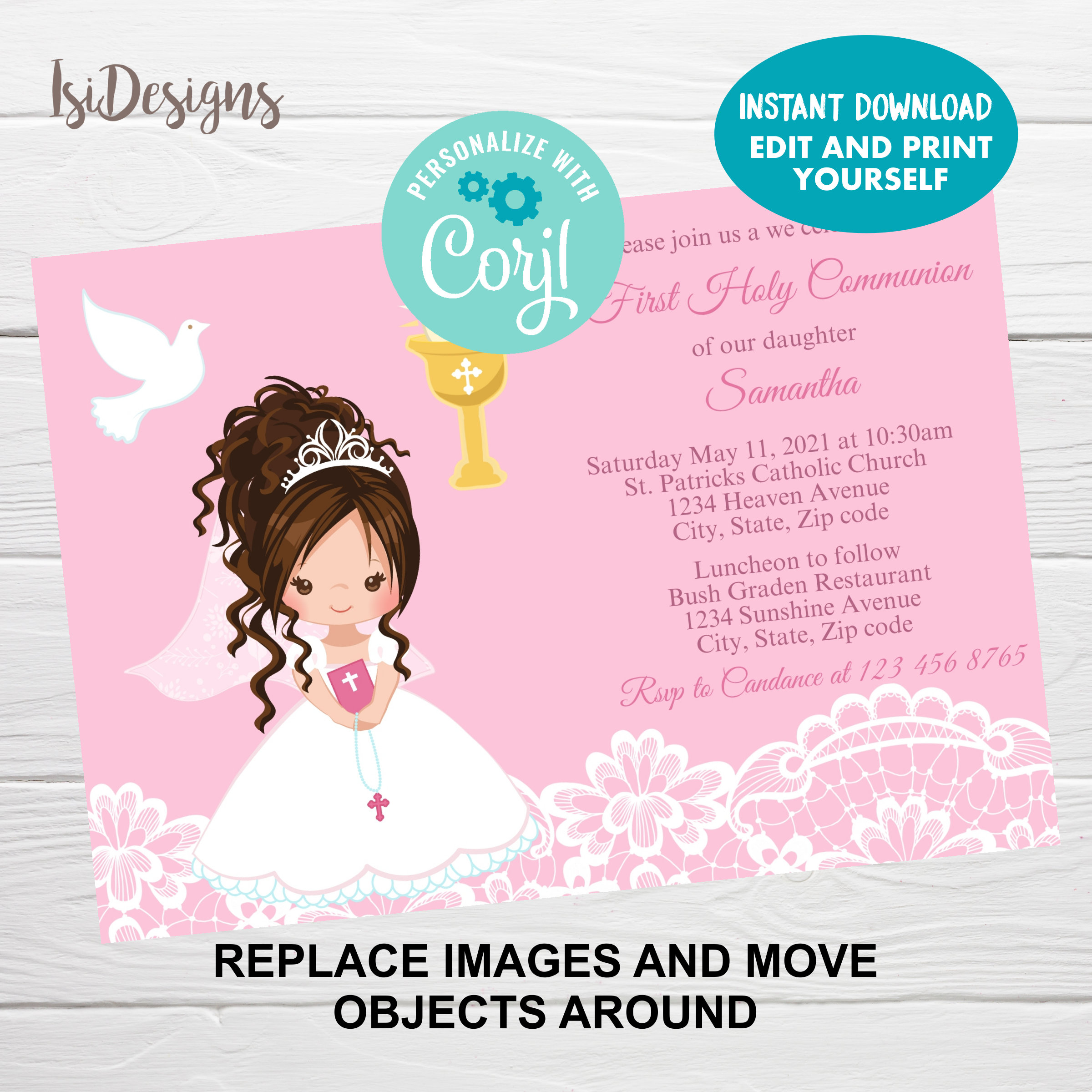 Editable First Holy Communion Invitation Girl Communion Etsy