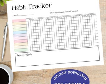 May include: A white habit tracker sheet with the title "Habit Tracker" at the top. The sheet includes spaces for the month, daily tracking, and monthly goals. A blue oval sticker at the bottom reads "INSTANT DOWNLOAD NOT EDITABLE".