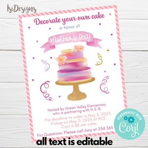 Puede incluir: Un folleto rosa y blanco con una ilustración de acuarela de un pastel decorado con flores. El folleto dice "Decora tu propio pastel en honor al Día de la Madre". También incluye detalles sobre el evento, incluido el anfitrión, la fecha límite, el lugar de recogida y el costo.