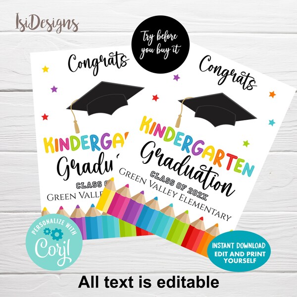 Graduation Gift Tags, Instant Download, Congrats Preschool Favor Tags, Kindergarten Editable Graduation Tags