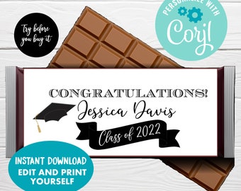 Editable Graduation Candy Bar Wrapper, Instant Download, Editable Chocolate Favor Label