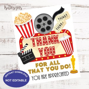 Puede incluir: Una tarjeta de agradecimiento imprimible con temática de cine. La tarjeta presenta un cubo de palomitas rayado rojo y blanco, un carrete de película, una taza rayada roja y blanca, una claqueta y una estatuilla dorada del Oscar. El texto de la tarjeta dice "¡Gracias por todo lo que haces! Eres apreciado/a."