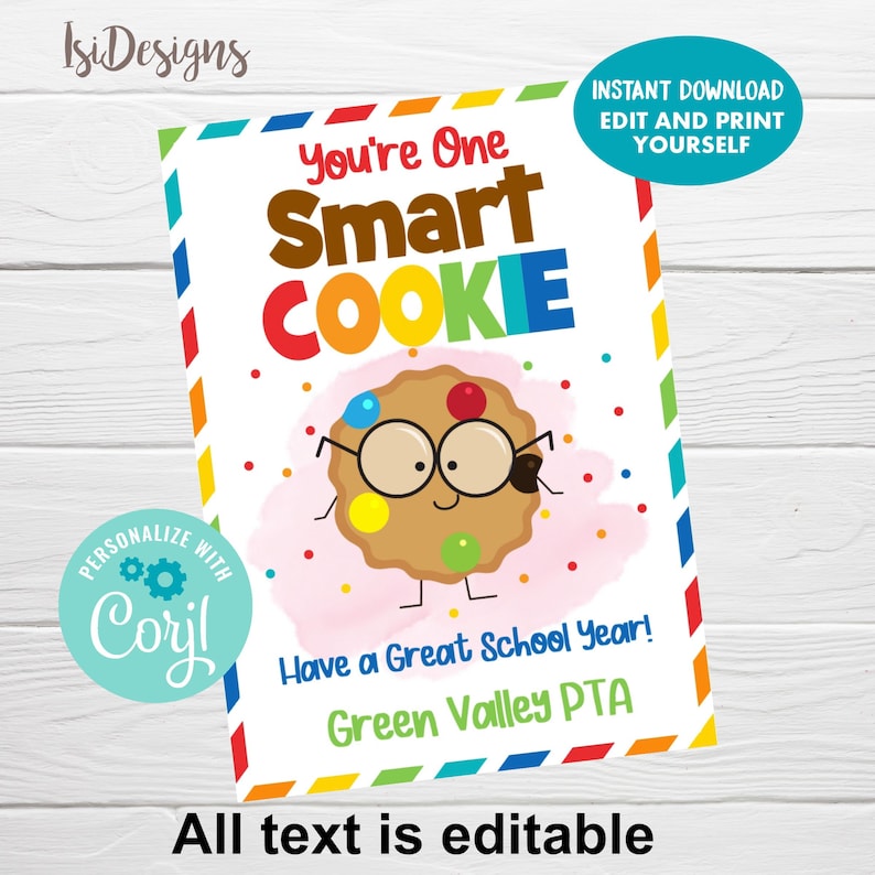 First Day of School Gift Tags, One Smart Cookie Classroom Editable Tags ...