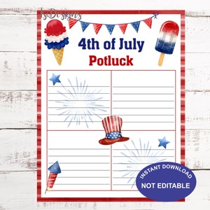 Puede incluir: Un planificador de potluck del 4 de julio con ilustraciones rojas, blancas y azules de un cono de helado, un helado de hielo, fuegos artificiales y un sombrero de copa. Las palabras "4th of July Potluck" están en el centro, con "Instant Download Not Editable" en un círculo azul.