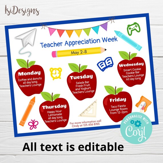 Editable Teacher Appreciation Week Flyer, Instant Download, Appreciation Week Calendar Template, Teacher's Week Flyer