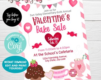 Valentine's Day Bake Sale Flyer, Instant Download, Printable PTA PTO Flyer, Editable School Church Fundraiser Event Poster