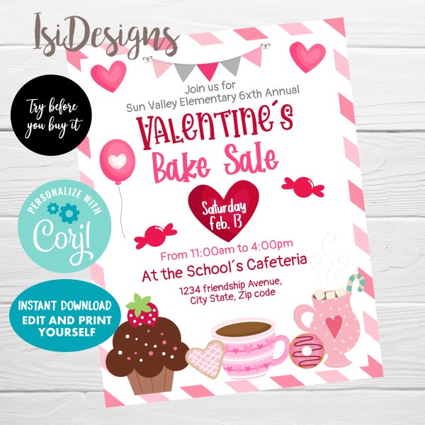 Valentine's Day Bake Sale Flyer, Instant Download, Printable PTA PTO Flyer, Editable School Church Fundraiser Event Poster