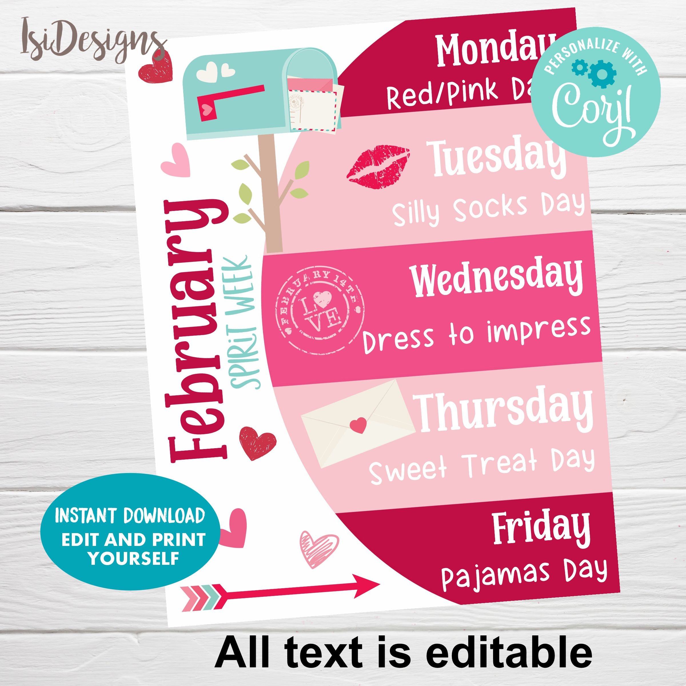 Valentine's Spirit Week Editable Planner February Week Etsy