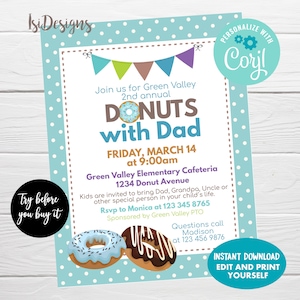 Donuts with Dad Editable Flyer, School PTO/PTA School Appreciation Fundraiser Event Flyer, Instant Download