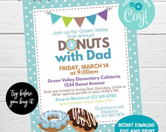 Donuts with Dad Editable Flyer, School PTO/PTA School Appreciation Fundraiser Event Flyer, Instant Download