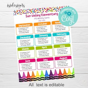 PTO PTA Monthly Events Calendar, Parent Volunteer Newsletter Seasonal Editable Calendar Flyer, School Fundraiser Event Meeting Template