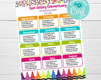 PTO PTA Monthly Events Calendar, Parent Volunteer Newsletter Seasonal Editable Calendar Flyer, School Fundraiser Event Meeting Template