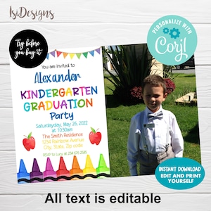 Kindergarten Editable Invitation, Instant Download, Kindergarten Graduation Announcement Kindergarten Photo Invitation, Preschool Graduation