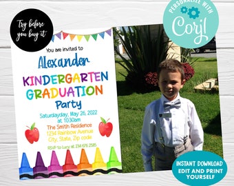 May include: A printable invitation for a kindergarten graduation party. The invitation features a colorful crayon design, a photo of a young boy in a graduation outfit, and the text "You are invited to Alexander KINDERGARTEN GRADUATION Party Saturday, May 26, 2022 at 10:30am The Smith Residence 1234 Rainbow Avenue City, State, Zip code RSVP to Lucy at 234 676 2585".