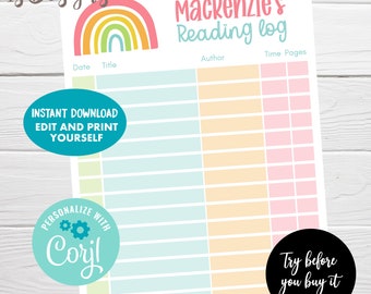Reading Log Printable, Editable Reading Log for Kids, Reading Log Journal Kids, Rainbow Reading Journal, Instant Download