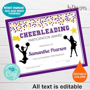 Bewerkbaar Cheerleader-certificaat, Cheerleading Award-sjabloon, Instant Download, Certificaat Sportprijs, Cheerleading Athletic Award