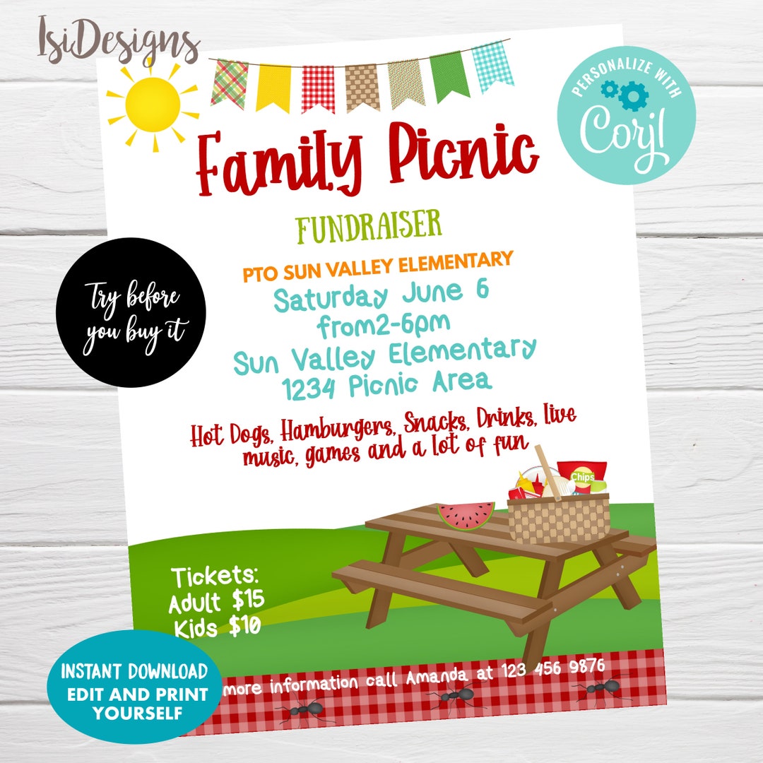 Picnic Editable Fundraiser Event Flyer, Spring PTO / PTA Fundraiser