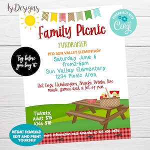 Picnic Editable Fundraiser Event Flyer, Spring PTO / PTA Fundraiser Event, Instant Download, Family Picnic Poster