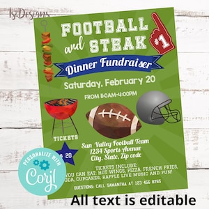 Editable Football and Steak Dinner Fundraiser Flyer, PTA PTO School Fundraiser Event Template, Family Day Invitation, Football Poster Invite