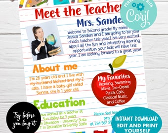 May include: Meet the Teacher printable sign with a photo of a teacher, a red apple with the text "My Favorites" and a list of favorites, and the text "Try before you buy it".