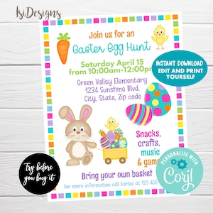 イースター エッグ ハント チラシ、編集可能なイースター パーティーの招待状、PTA PTO チラシ、教会学校の募金活動ポスター、インスタント ダウンロード