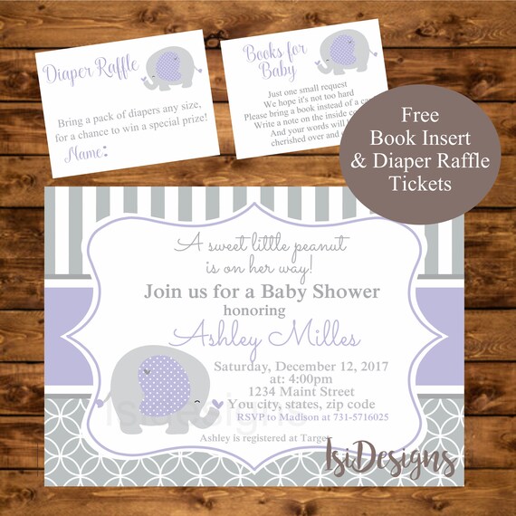 Elephant Baby Shower Invitation Lavender Elephant Invite Diaper Elephant Baby Shower Invitation Lavender Elephant Invite Diaper