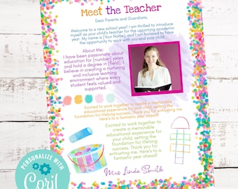 May include: A colorful printable teacher introduction template with the text "Meet the Teacher." The design includes a photo, editable text, and playful illustrations. The template is surrounded by a confetti border.