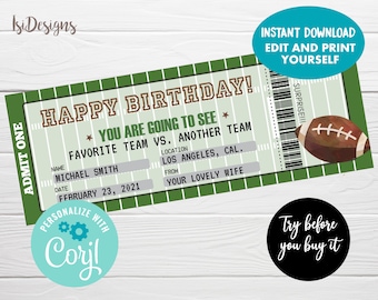 Football Game Tickets, Instant Download, Editable Surprise Gift Ticket, Surprise Birthday Gift, Printable Anniversary Gift