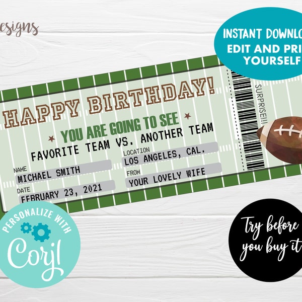 Football Game Tickets, Instant Download, Editable Surprise Gift Ticket, Surprise Birthday Gift, Printable Anniversary Gift