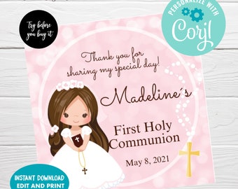 Eerste communie bewerkbare gunst Tags, Instant Download, meisje communie Tags, eerste communie souvenir