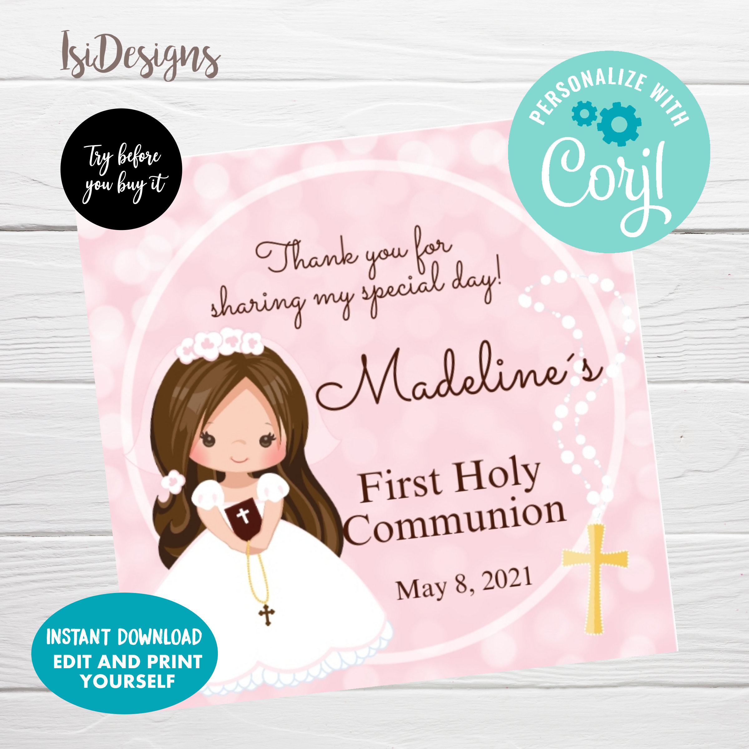 set of 50 Personalized First Holy Communion Favor Tags Girl with Black Hair set of 50 Personalized First Holy Communion Favor Tags Girl with Black Hair