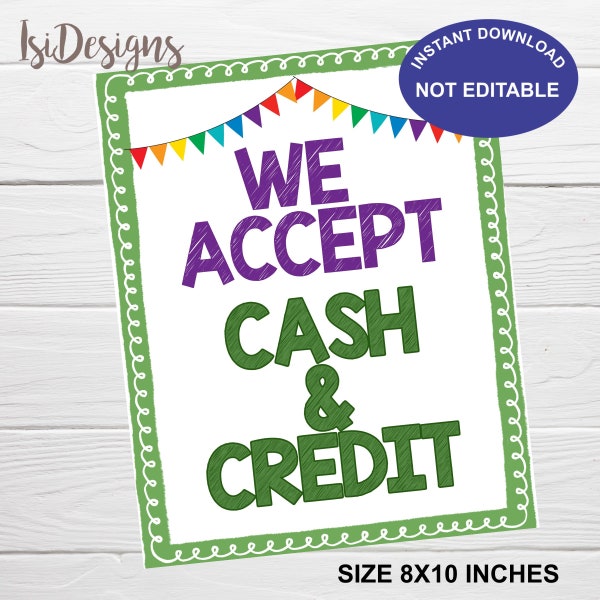 We accept cash and credit printable 8x10 sign, Instant Download, Cookie Booth Sign, Marketing Sign, Fundraiser Payment Methods, Cookie Sale