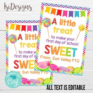 Back To School Gift Tag, Editable A little treat First Day of School Tags, Teacher Staff PTA PTO, Classmate Treat Tag, Welcome back tags