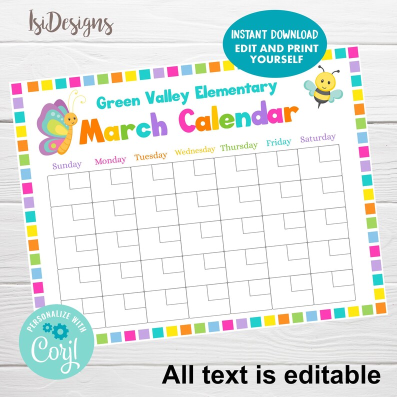 March Editable Calendar, Instant Download, Spring Schedule, PTO PTA ...