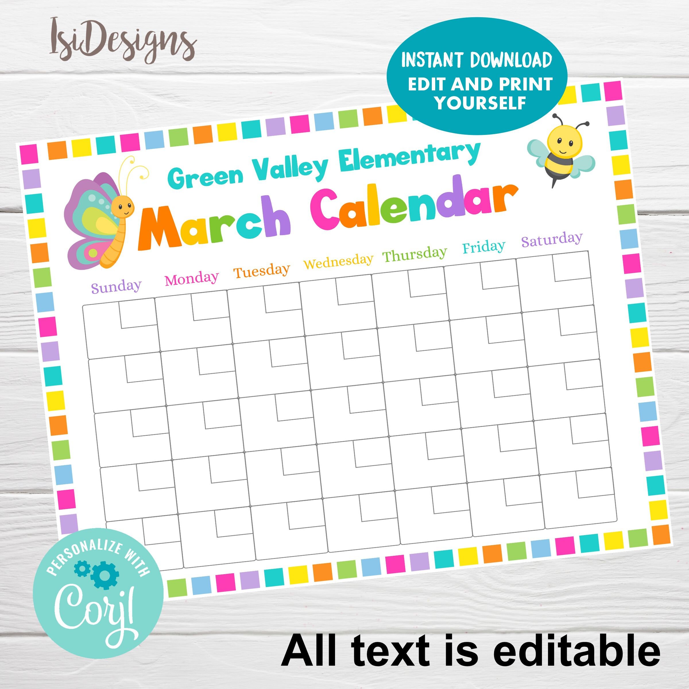 March Editable Calendar Instant Download Spring Schedule Etsy UK
