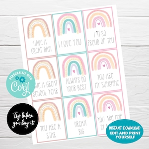 Regenbogen-Lunchbox-Notizen, bearbeitbare Notizen für Kinder, Sofort-Download, inspirierende Notizen für Kinder, positive Affirmations-Lunchbox-Karten
