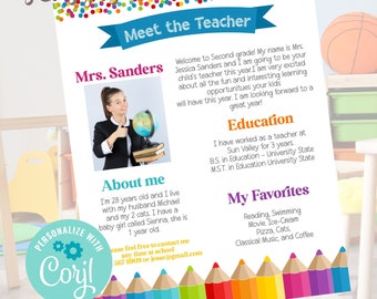 May include: A Meet the Teacher flyer template featuring a colorful confetti border at the top and a row of vibrant colored pencils at the bottom. The layout includes sections for a photo, personal introduction, education, and favorites, with editable text.