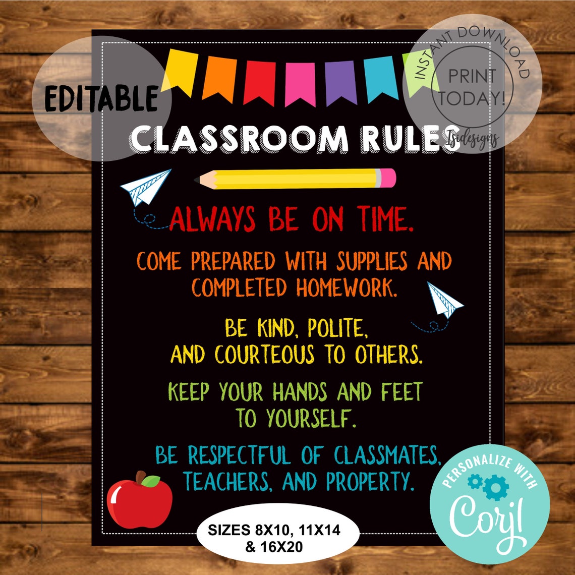 Chalkboard Classroom Rules Instant Download Editable Etsy